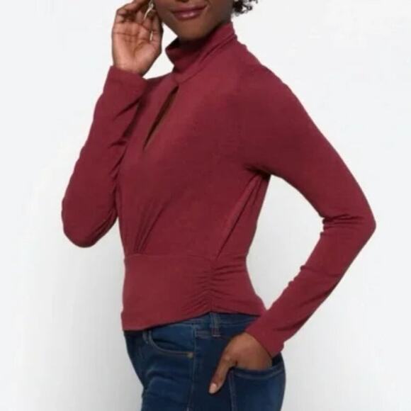 Brea Canyon Size L Rosa Claret Keyhole Turtleneck Blouse cropped business casual - Picture 3 of 15